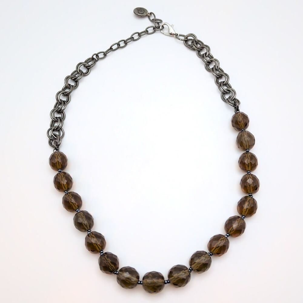 Graziano Brown Glass Bead Adjustable Necklace Silver Tone Chunky Chain